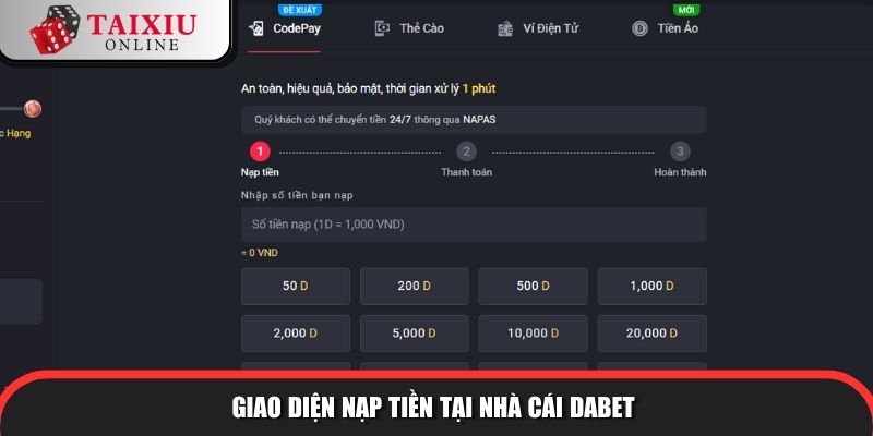 dabet 3 906 Giao diện nạp tiền tại nhà cái DABET